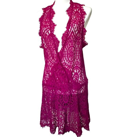 FREE PEOPLE Medium Pink Orchid Magenta Heart in Two Lace Mini Dress‎ Cover Up - Picture 1 of 6